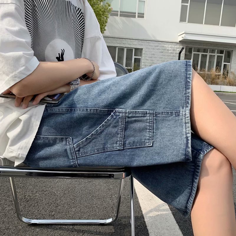 Quần short nam vải denim ống rộng thêu họa tiết thời trang phong cách retro