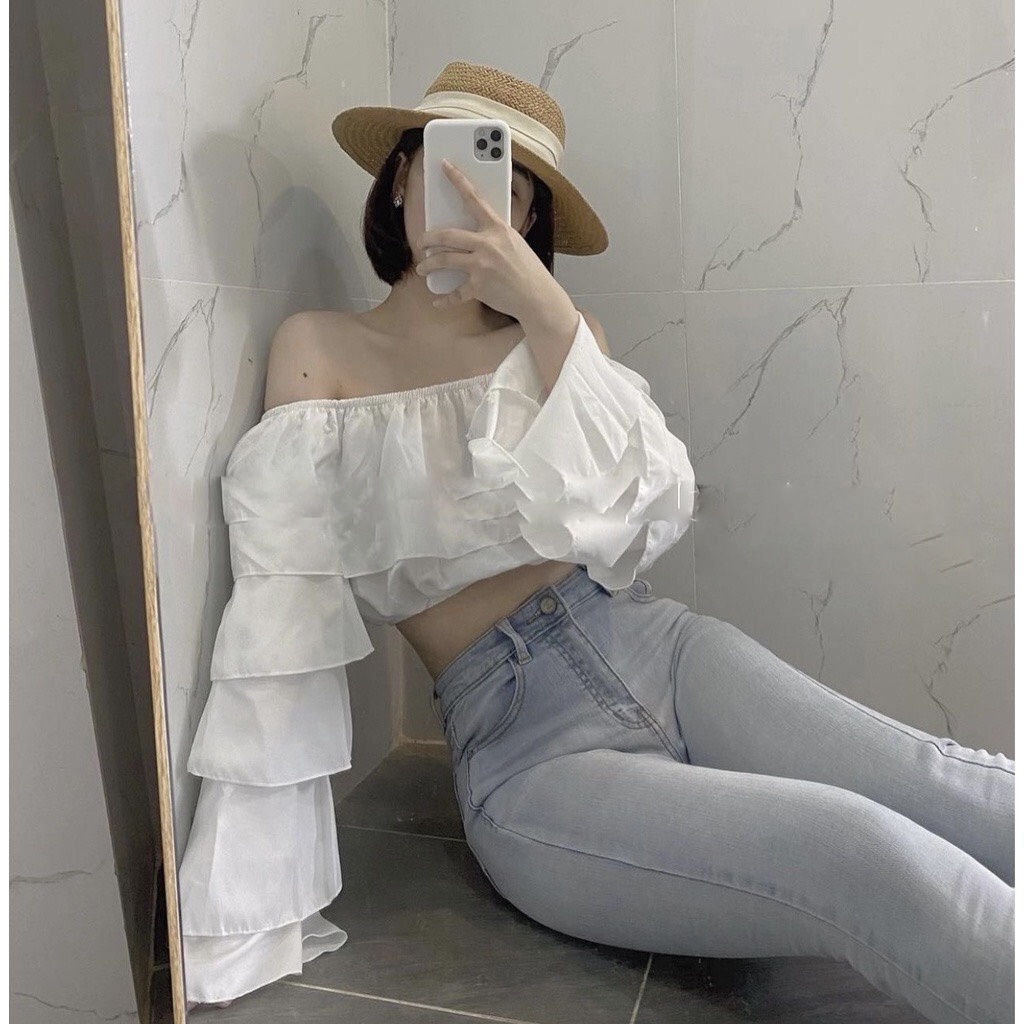 Áo Croptop Trễ Vai RANSHI Áo Bánh Bèo Hở Vai Ống Tay Dạng Loe Thiết Kế Mới Lạ Siêu Xinh Xắn Hấp Dẫn - RA060