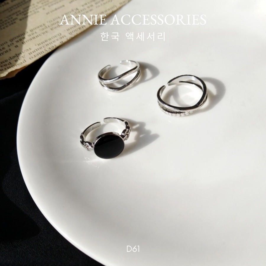 Set nhẫn bạc 3 chiếc mạ đá đen cá tính unisex ANNIE - D61
