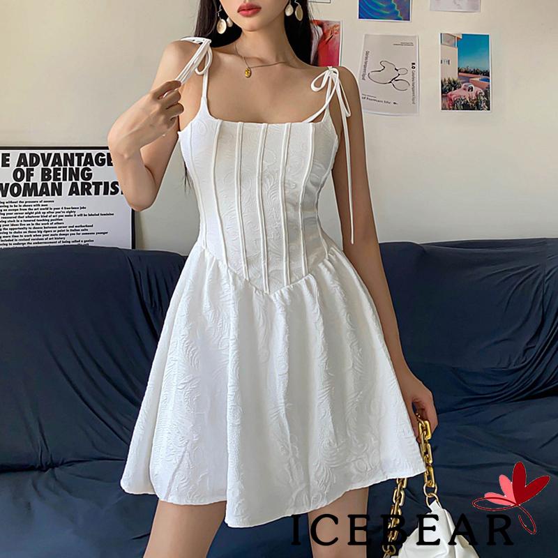 Đầm Hai Dây Dáng Chữ A Lưng Cao Màu Trơn Họa Tiết Kẻ Sọc Đính Nơ Cho Nữ