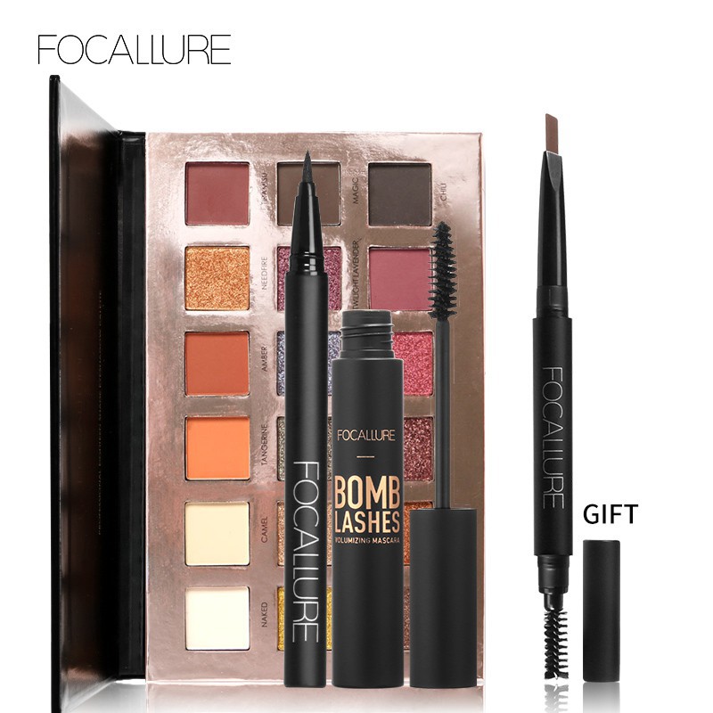 Bộ sản phẩm trang điểm FOCALLURE gồm bảng phấn mắt 18 màu + mascara + bút kẻ mắt 400g/1pcs