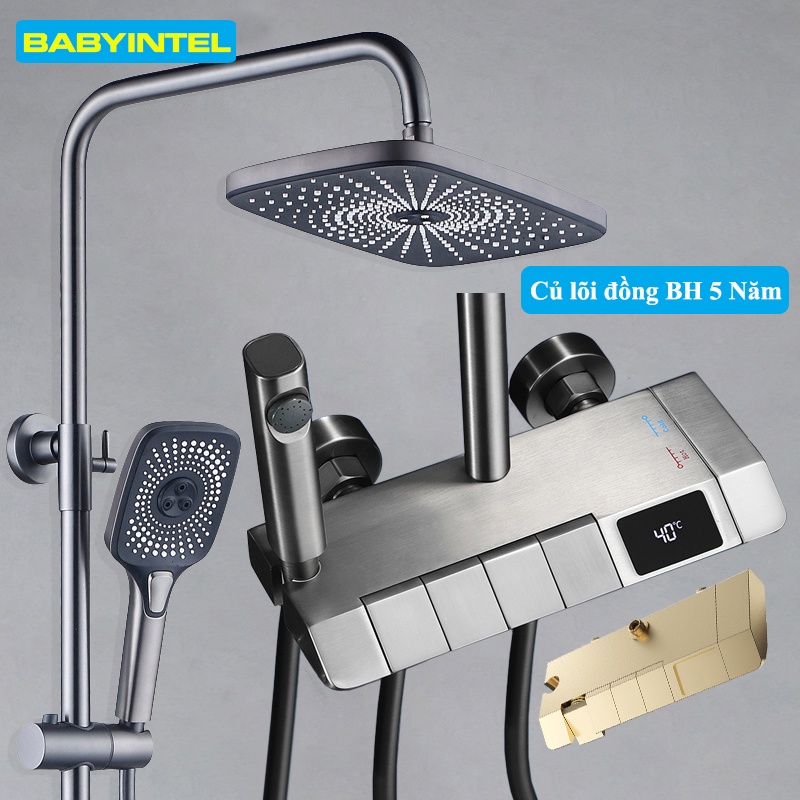 Bộ sen cây tắm đứng nóng lạnh, Vòi hoa sen, bộ sen vòi tắm LED Mạ TITAN xám 4 phím đàn - Hàng Model 2023