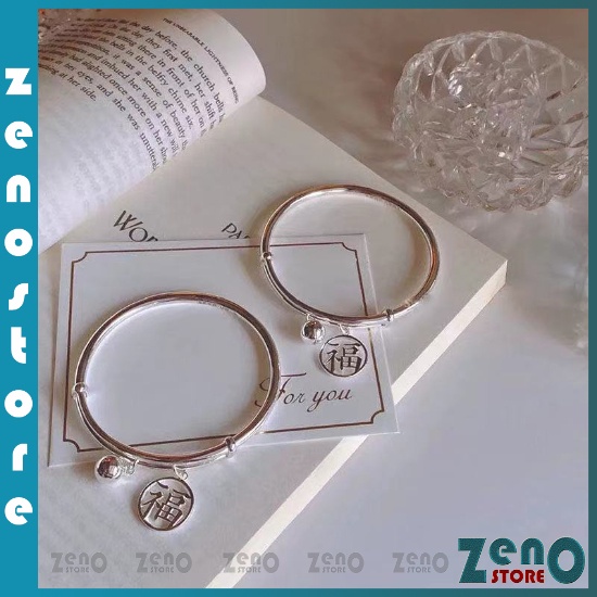 Lắc tay nữ ZenO chữ Phúc (full box), vòng tay mạ bạc có chuông LT12
