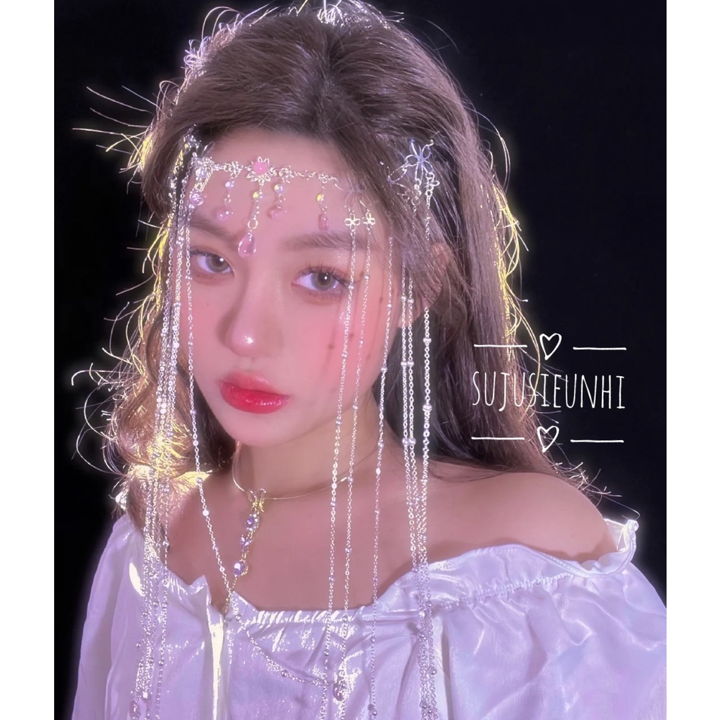 (Có video) Rèm che mặt cổ phong hình hoa và giọt nước hồng tua rua thả dài trang trí trán/ mạng che mặt cổ trang