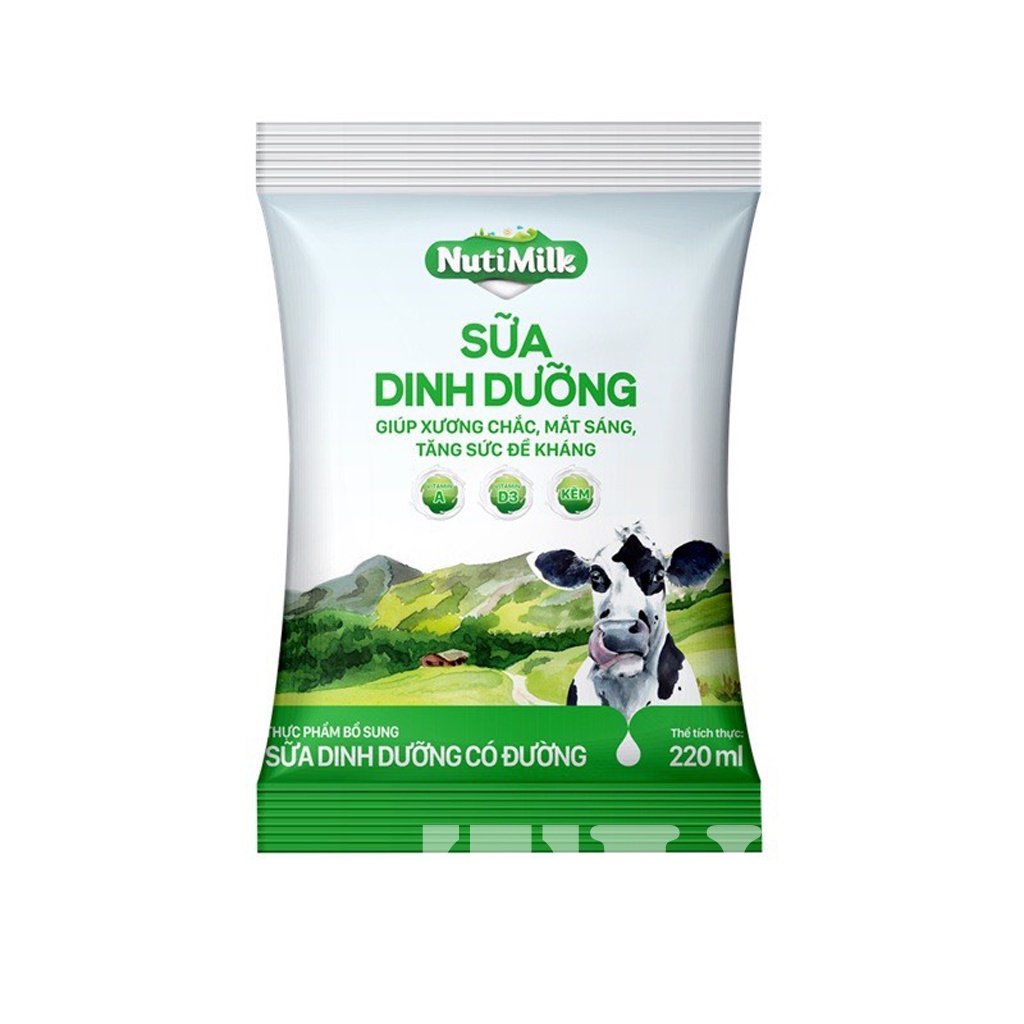 Thùng 48 Bịch NutiMilk Sữa tươi 100 điểm có đường 220ml/bịch-TUH