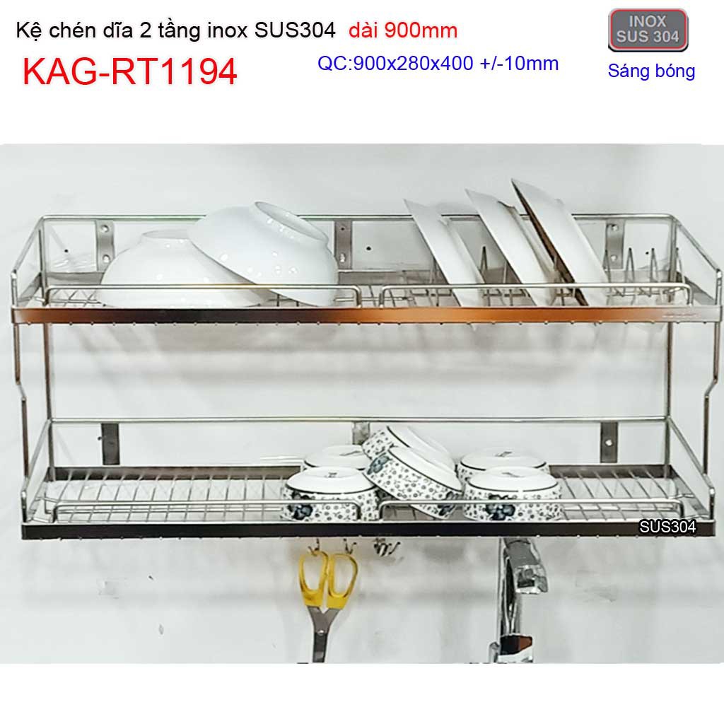 Kệ đựng chén bát inox SUS304, kệ úp chén dĩa 2 tầng dài 50cm, 60cm, 70cm,80cm,90cm,100cm KAG-RT1193-1125-1126-1127-94-95