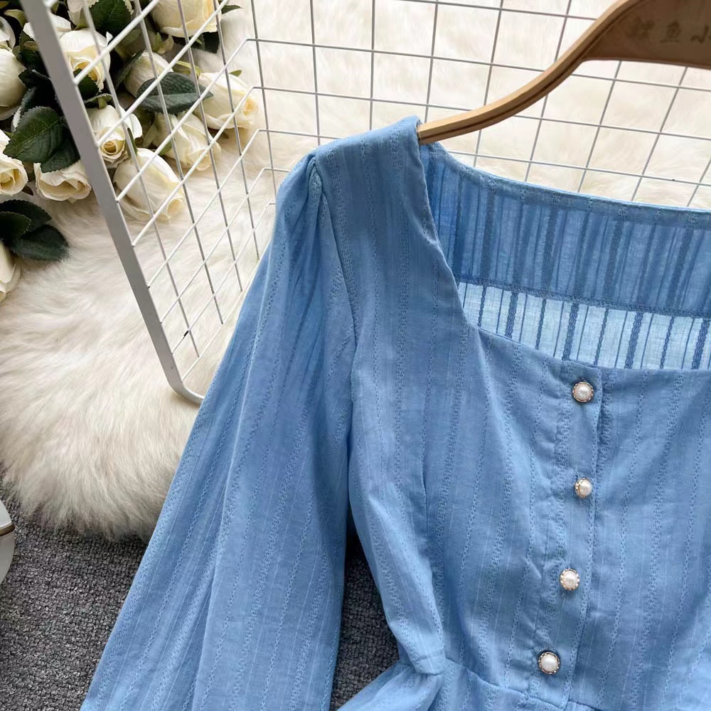 Áo kiểu BH tay dài phồng cổ vuông phong cách retro Hàn Quốc cho nữ