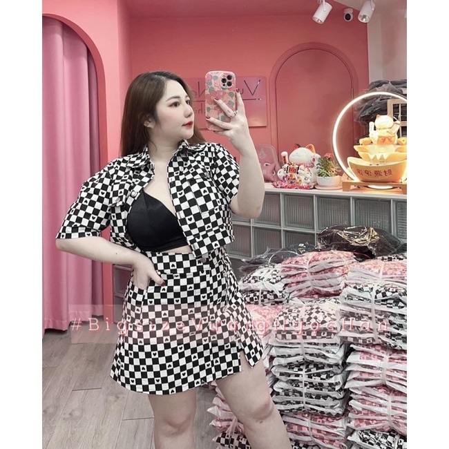 Set áo sơ mi croptop kèm chân váy
