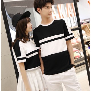 Áo thun sọc phối màu trắng đen unisex