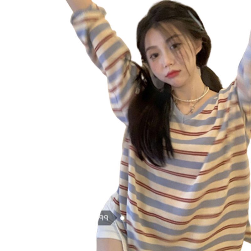 Jiashucheng Áo Thun Tay Dài Dáng Rộng Họa Tiết Kẻ Sọc Thời Trang Mùa Thu Cao Cấp Dành Cho Nữ Có Size Lớn