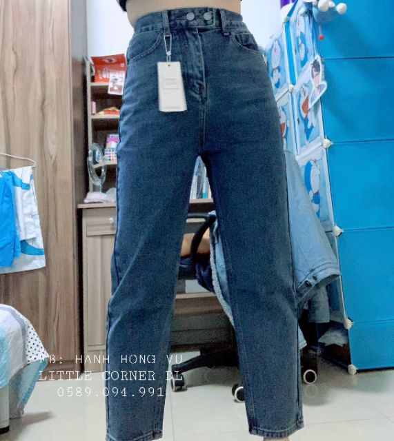Quần jeans baggy lưng chun màu đậm ống suông 2 nút đôi ullzang kèm ảnh thật hàng sẵn