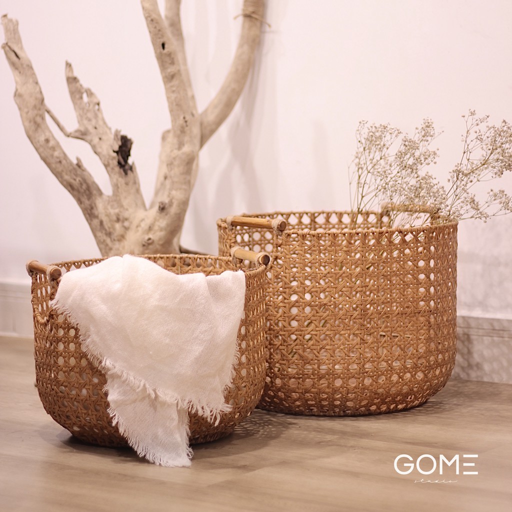 Giỏ đựng đồ giả mây, quai tre, sắp xếp, lưu trữ đồ đạc | Mây tre đan xuất khẩu phong cách Bắc Âu