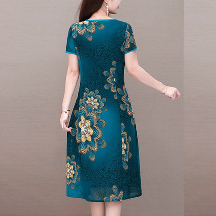 GOTI - Đầm Dự Tiệc Trung Niên Cao Cấp Bigsize Dáng Dài Qua Gối, Tay Ngắn Tặng Mẹ U50 U60 3240 3310