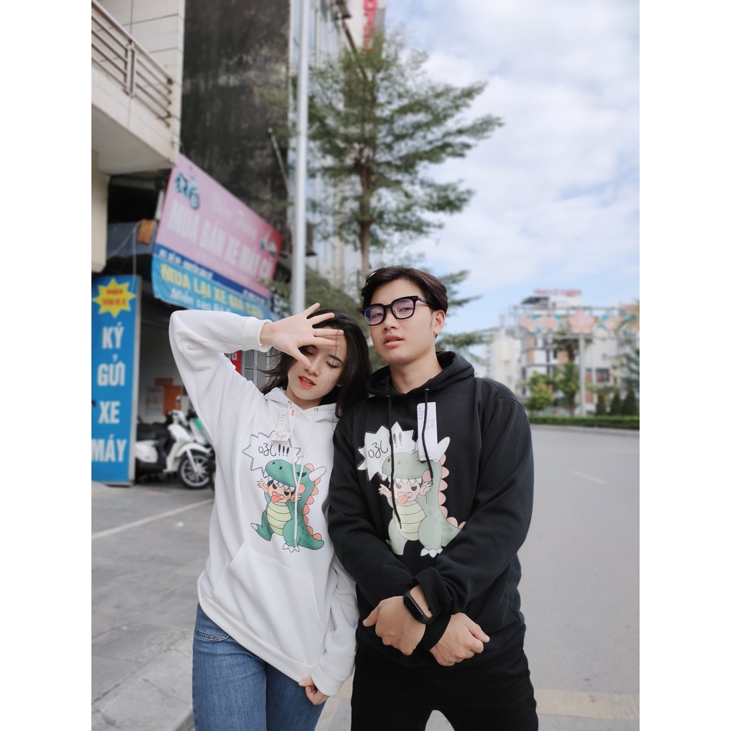 Áo nỉ Hoodie thu đông khủng long con hoạt hình form suông rộng unisex chất vải nỉ bông, có mũ