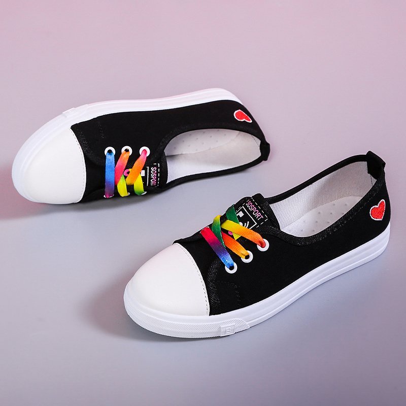 Giày Thể Thao Canvas Đế Cao Su Màu Trắng Đen Phong Cách Hàn Quốc Thời Trang Cho Nữ