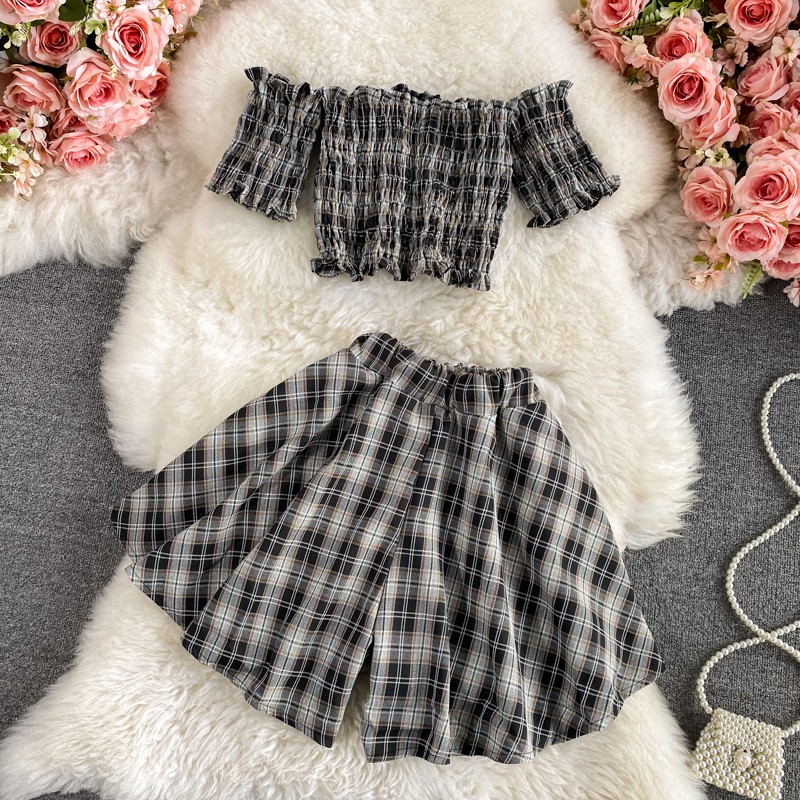 Set áo bẹt vai nhún croptop và quần giả váy họa tiết caro nhiều màu,  trend Rose