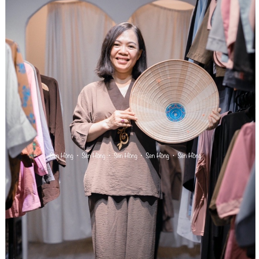 [PHÁP PHỤC SEN HỒNG] Bộ đi lam đi chùa # Pháp phục nữ chui đầu tiện lợi thêu hoa văn # đồ vải đũi chun co giãn tốt 588