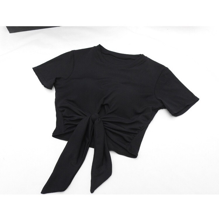 Bikini 2 mảnh áo tay ngắn cột nơ bụng mix quần nhún 2 bên hông kín đáo, chất liệu co dãn thoải mái