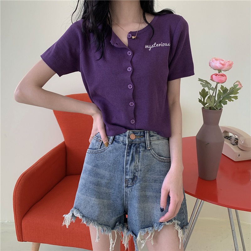 Áo dệt kim ZHELIHANGFEI tay ngắn cổ chữ V thêu chữ phong cách Hàn Quốc thời trang mùa hè cho nữ