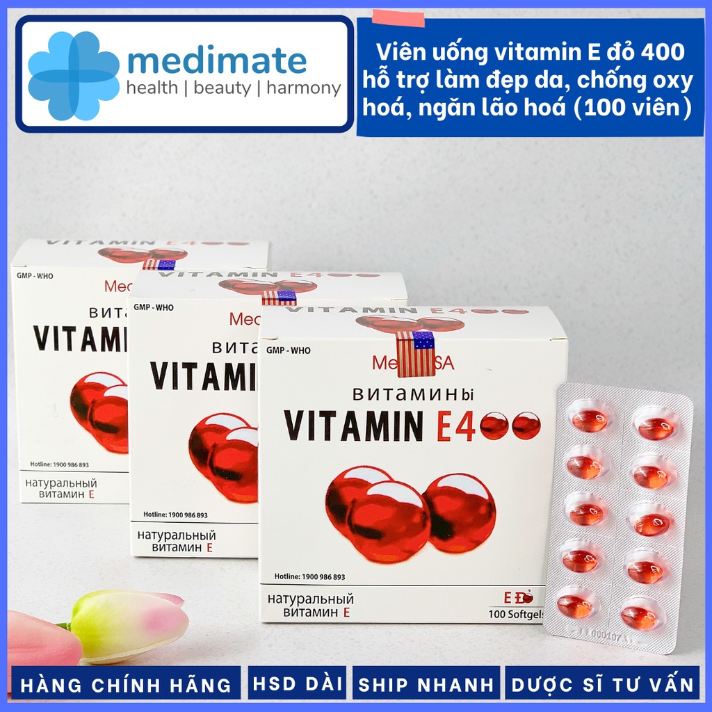 Viên uống Vitamin E Đỏ 400 MediUSA giúp đẹp da, giảm lão hóa, chống oxy hóa (hộp 100 viên)
