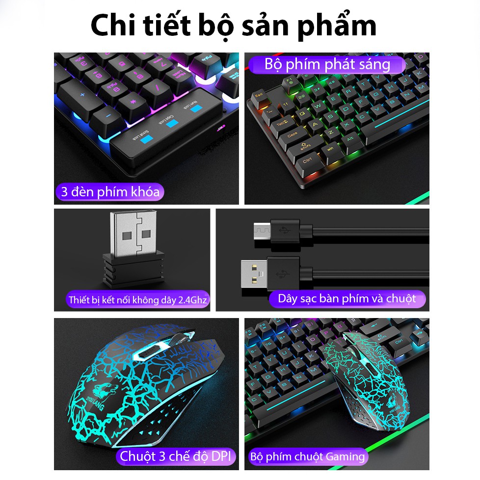 Bộ bàn phím chuột Gaming Latope chuột bàn phím máy tính giả cơ không dây Full Led T3