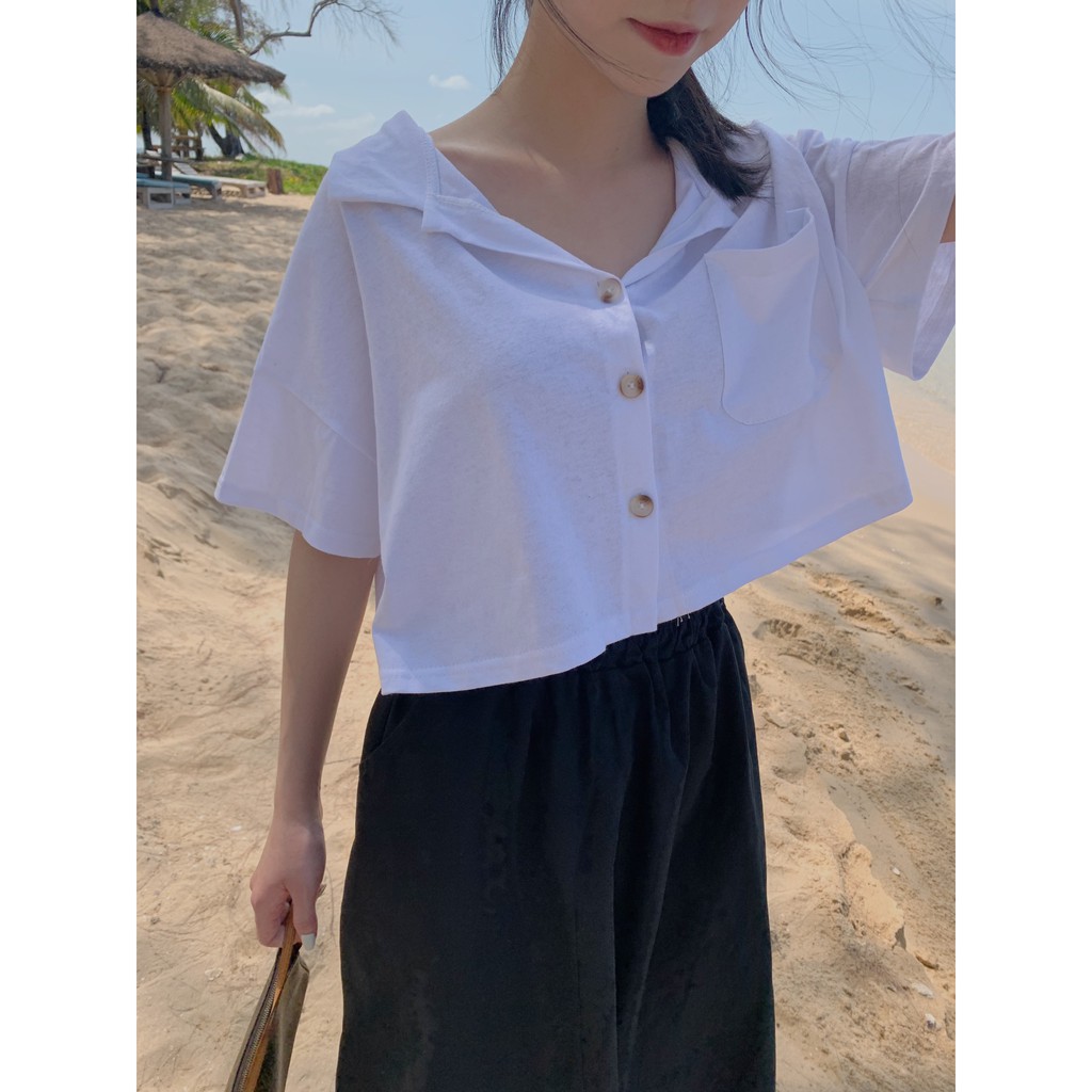 Áo croptop cổ polo cúc ngực 1303 AP469 LOLLIE STUDIO