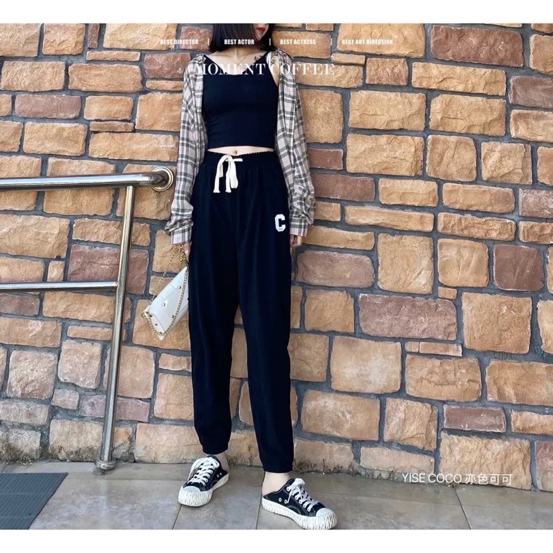 Quần Bom Tổ Ong Chữ C Quần Dài Thể Thao Nữ Chun Gấu