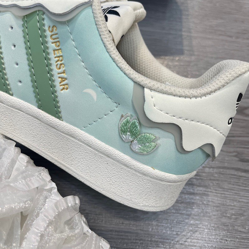Giày thể thao adidas superstar trắng kem, hồng kem, sò xanh bản đẹp 2022 dây hồng full box - giấy gói