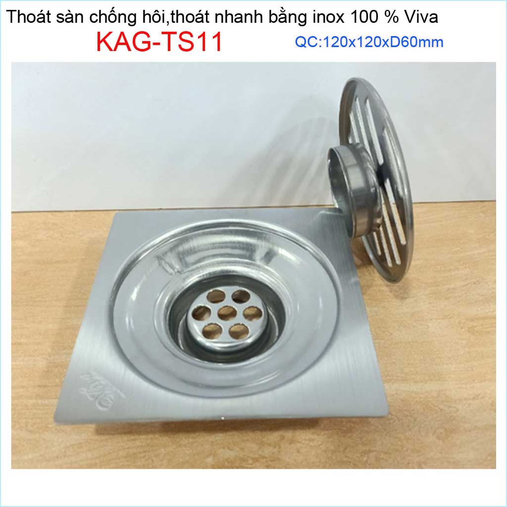 Hố ga thoát sàn Viva ống 6cm Inox mờ, phễu thoát nước chống hôi D60 vuông 12x12cm KAG-TS11