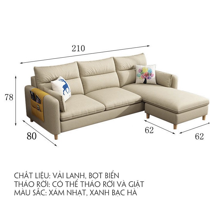 Ghế Sofa chữ L vải lanh cao cấp tặng kèm đôn, kích thước D210 x R 142 x C 78 cm - T390-1