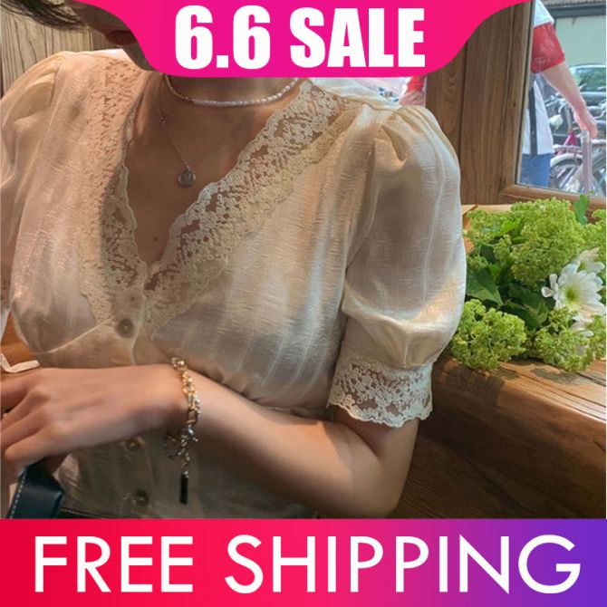Áo Sơ Mi Tay Ngắn Phồng Cổ Chữ V Phối Ren Phong Cách Retro Pháp Thời Trang Mùa Hè Cho Nữ