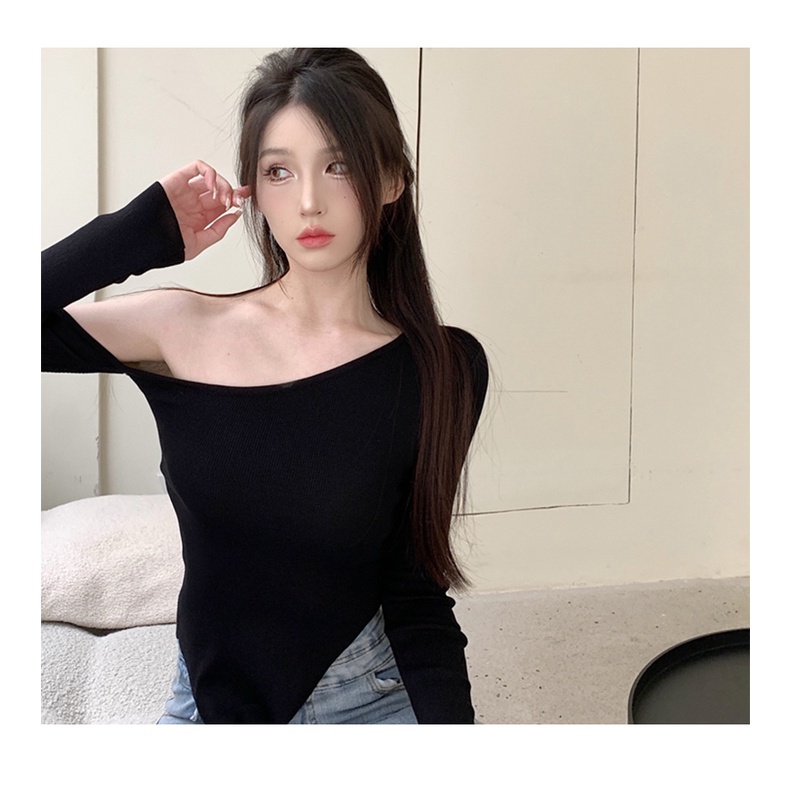 QKOOLE Áo kiểu  dệt kim tay dài hở một bên vai màu trơn thời trang Hàn Quốc quyến rũ dành cho nữ