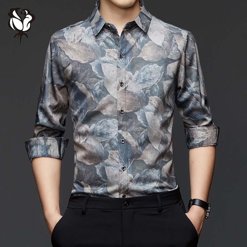 Áo Sơ Mi Nam Dài Tay in Hoa Thời Thượng Áo Sơ Mi in Kỹ Thuật Số Mỏng Trẻ Trung Và Trung Niên Áo Mỏng Thường Ngày