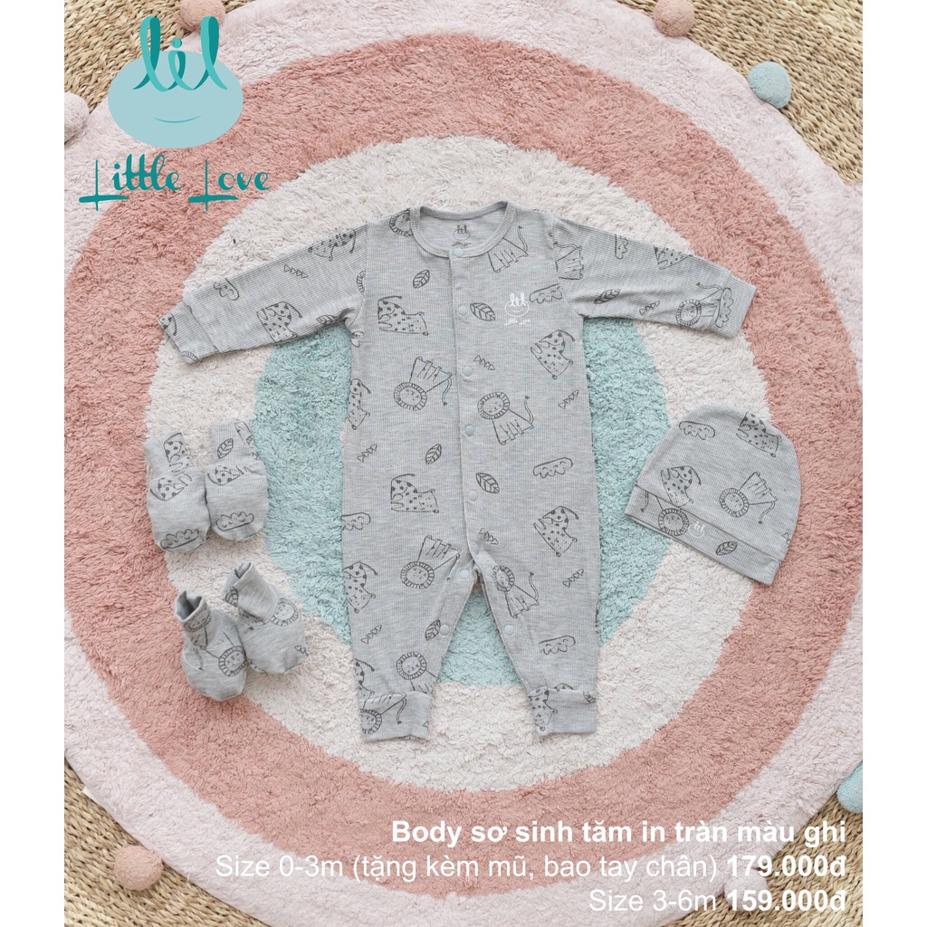 Bộ body dài tay liền thân chất liệu vải tăm in tràn cho trẻ từ 0-6m little love