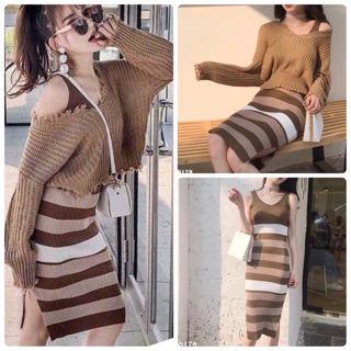 Set đầm body len kèm áo crop