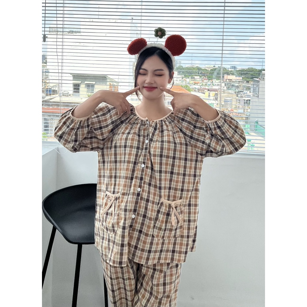 Bộ bầu mặc nhà kết hợp sau sinh karo trẻ trung