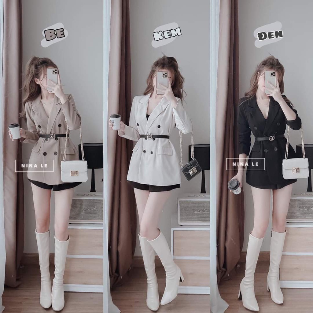 Áo khoác vest nữ blazer khuyu kèm đai 2 túi nắp chất vải cao cấp 2005912