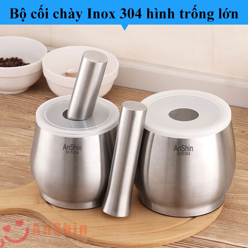 Cối chày Inox 304 Anshin - size đại dáng trống - kháng khuẩn, khử mùi - bảo hành trọn đời không han gỉ