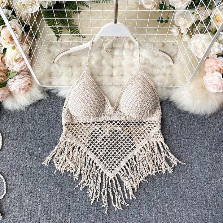 Áo Lưới Yếm Tua Rua Đi Biển MK MAIKA mẫu mới móc len MKF002 Kem | BigBuy360 - bigbuy360.vn