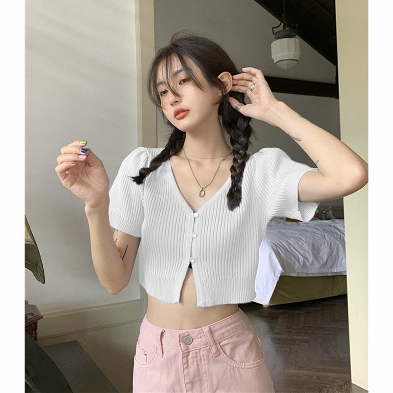 Áo sweater dệt kim Xiaozhainv tay ngắn phồng cổ chữ v 3 màu lựa chọn phong cách vintage thời trang cho nữ