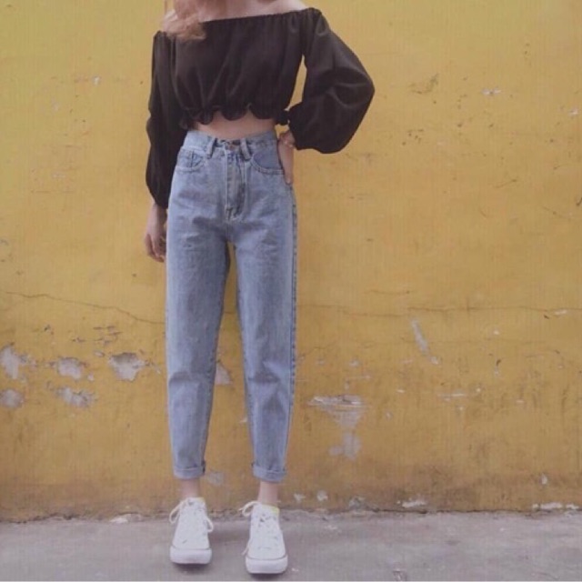 Quần baggy bò dáng trơn basic may gấu nhiều màu