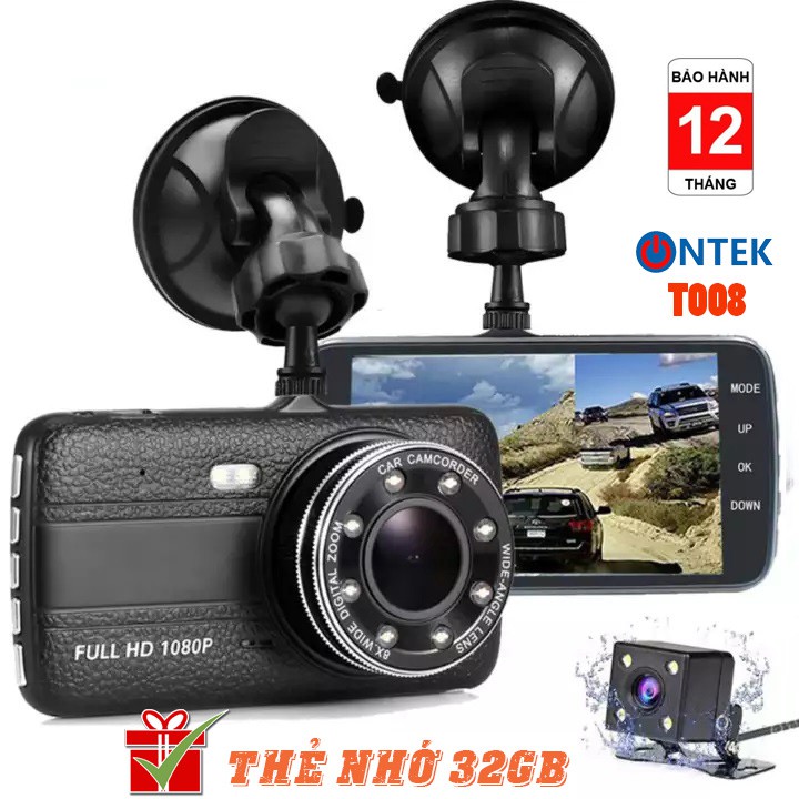 Camera Hành trình ô tô Trước sau ONTEK T008 FHD 1080P, Màn hình 4 inch IPS Siêu đẹp, ống kính kép - BH 12 Tháng