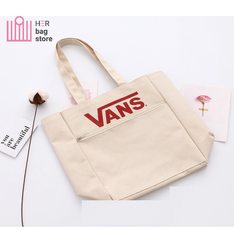 Túi tote đeo vai giá rẻ vải canvas mềm trơn đẹp đi học phong cách Nhật Bản có túi phụ nhỏ bên ngoài