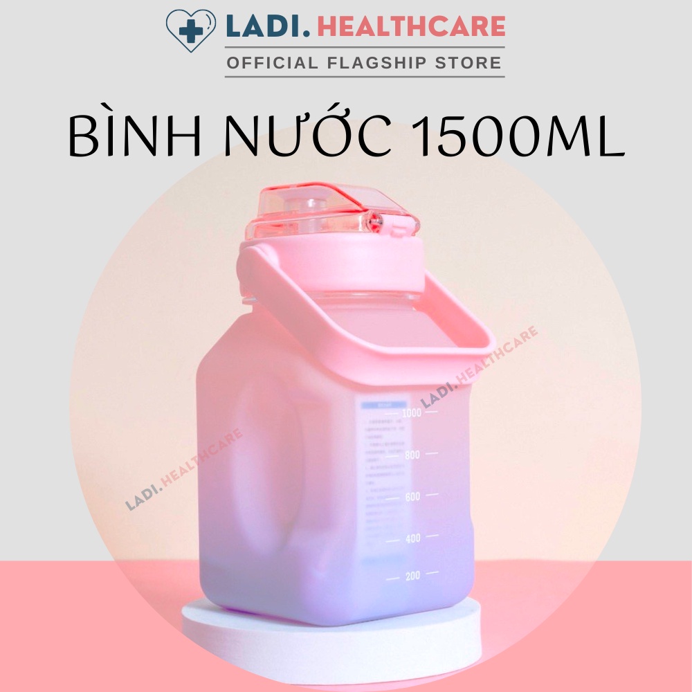 Bình nước 1500ml  có vạch chia mực nước phong cách thể thao siêu dễ thương