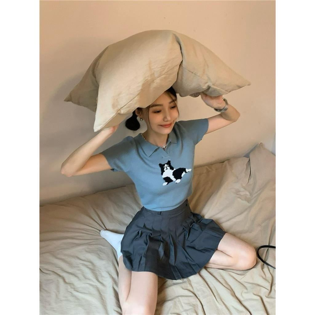 ZHELIHANGFEI Áo len dệt kim phong cách Hàn Quốc POLO cổ mèo jacquard phần mỏng mỏng phù hợp với tất cả các trận in áo đi làm ins