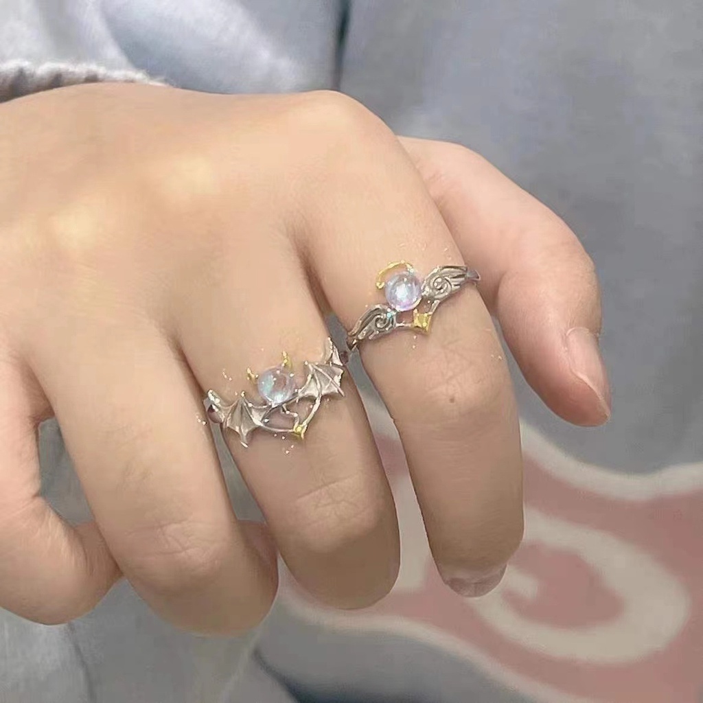 Nhẫn Đôi Mạ Bạc Đính Đá Opal Thiên Thần Có Thể Điều Chỉnh Kích Cỡ