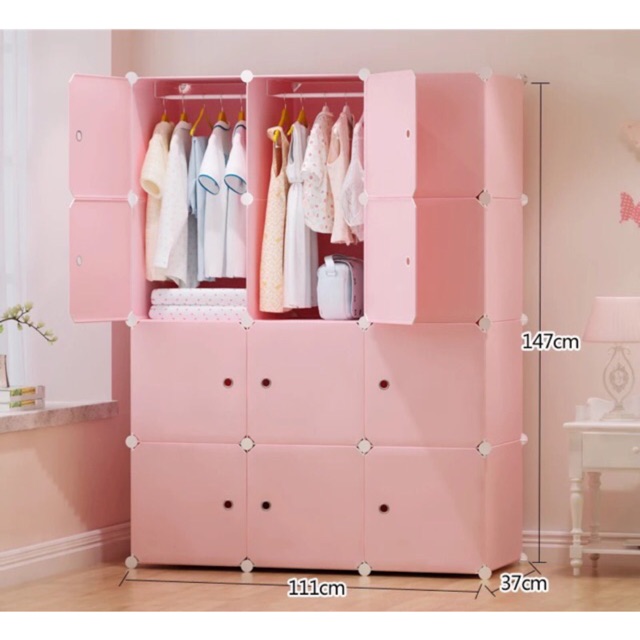 TỦ NHỰA QUẦN ÁO LẮP GHÉP 12 Ô THÂN HỒNG PHẤN CỬA MẶT CƯỜI. Tặng 2 móc treo đồ.