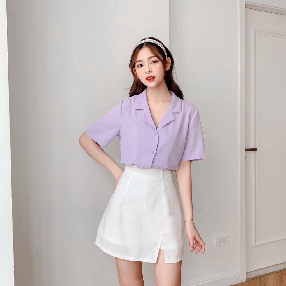 [Quà tặng dây buộc tóc bạn nhé]   ÁO SƠ MI NỮ NGẮN TAY CỔ VEST - Áo sơ mi nữ cổ vest phong cách Retro