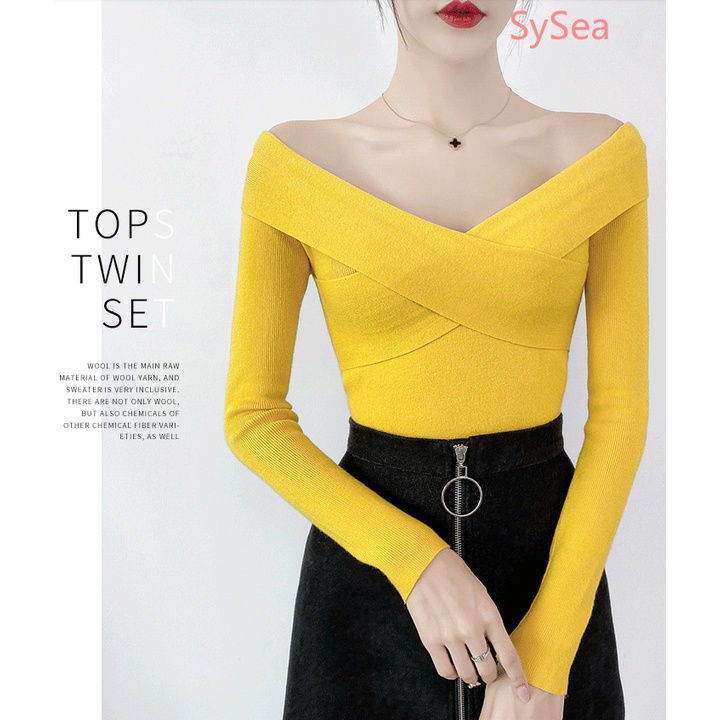 Áo Croptop Dệt Kim Cổ Chữ V Màu Sắc Đơn Giản Quyến Rũ Cho Nữ