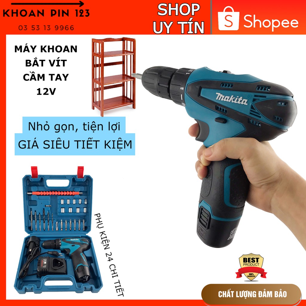 Máy khoan tay bắt vít 12v Makita phụ kiện 24 khoan, bắt vít, mở ốc